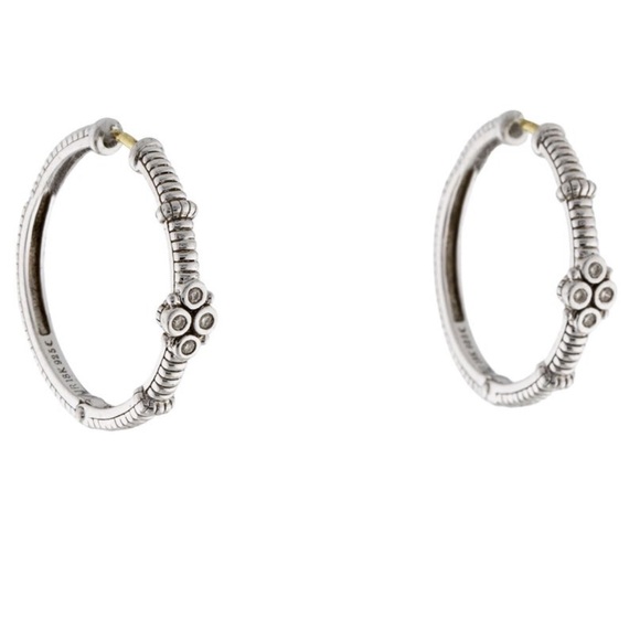 Judith Ripka JR TWO Sterling Silver 18K Gold Diamond Floral Hoop Earrings - Picture 2 of 10